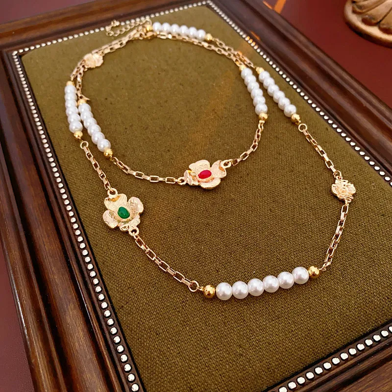 Luxurious Flower Geometric Flower Artificial Pearl Electroplating Necklaces