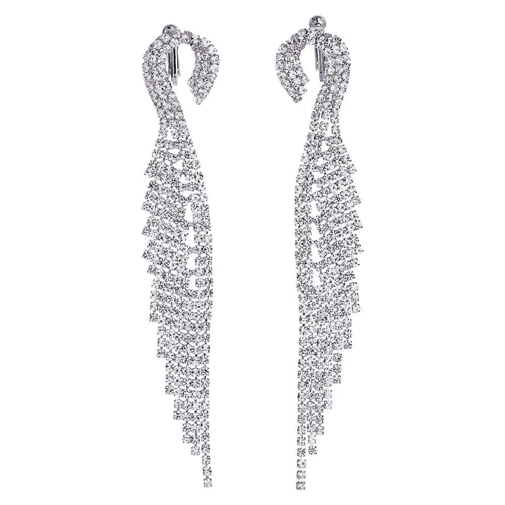 Luxury Wedding Bridal Bridesmaids Party Rhinestone Angle Wing Feather Long Dangle Clip-on Earrings