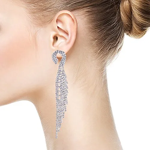 Luxury Wedding Bridal Bridesmaids Party Rhinestone Angle Wing Feather Long Dangle Clip-on Earrings