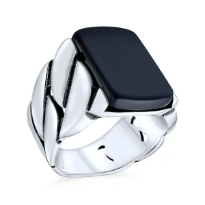 Mens Silver Ring: Biker Urban Classic Braided Cable Wheat Chain Band with Black Onyx