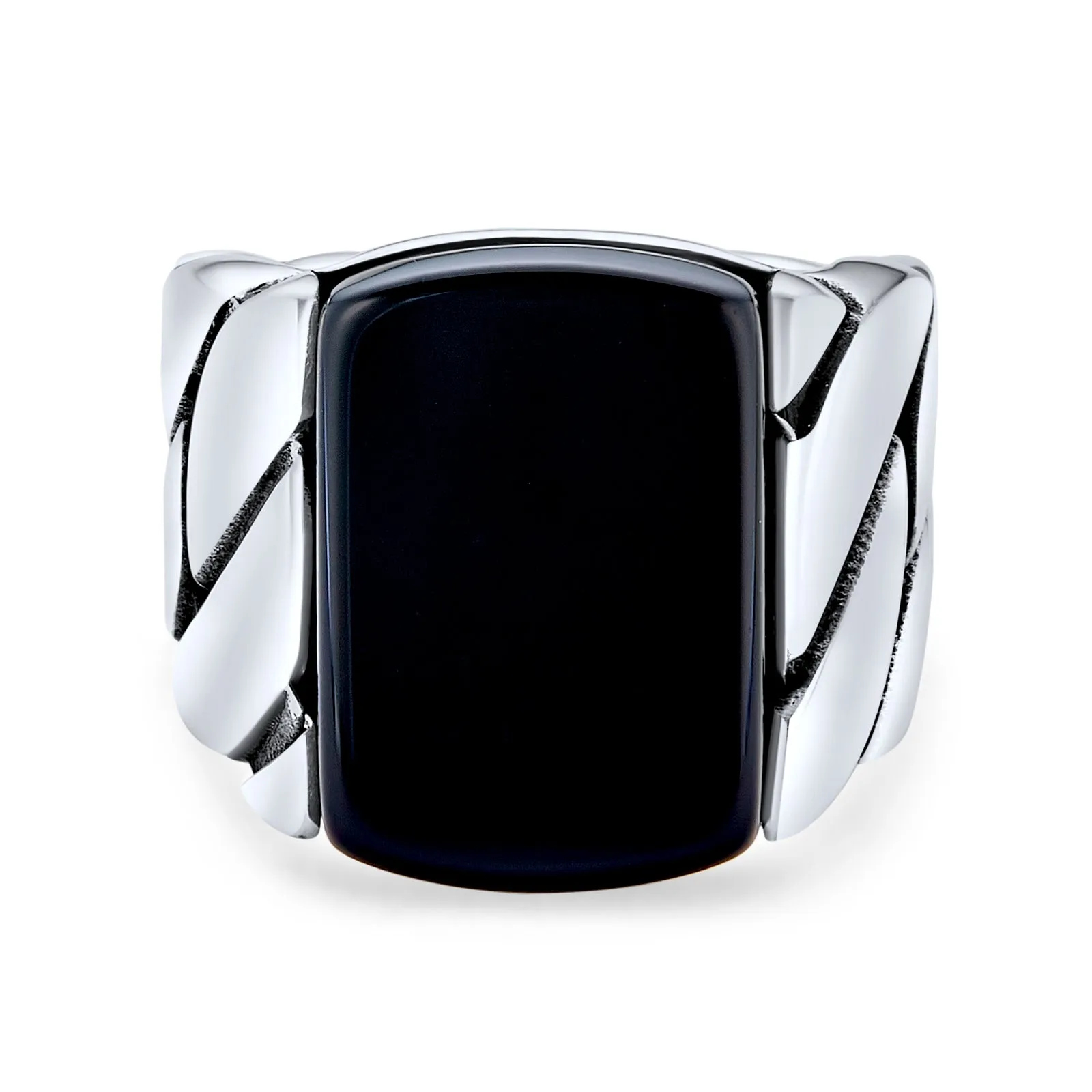 Mens Silver Ring: Biker Urban Classic Braided Cable Wheat Chain Band with Black Onyx