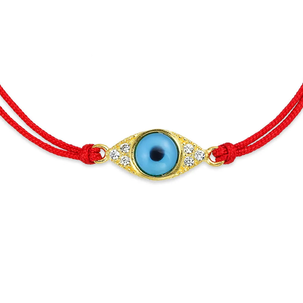 Minimalist Charm Bracelet with Turkish Blue Evil Eye and Red String 14K Gold Plated