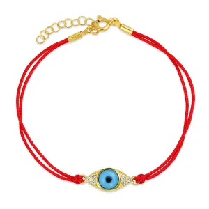 Minimalist Charm Bracelet with Turkish Blue Evil Eye and Red String 14K Gold Plated