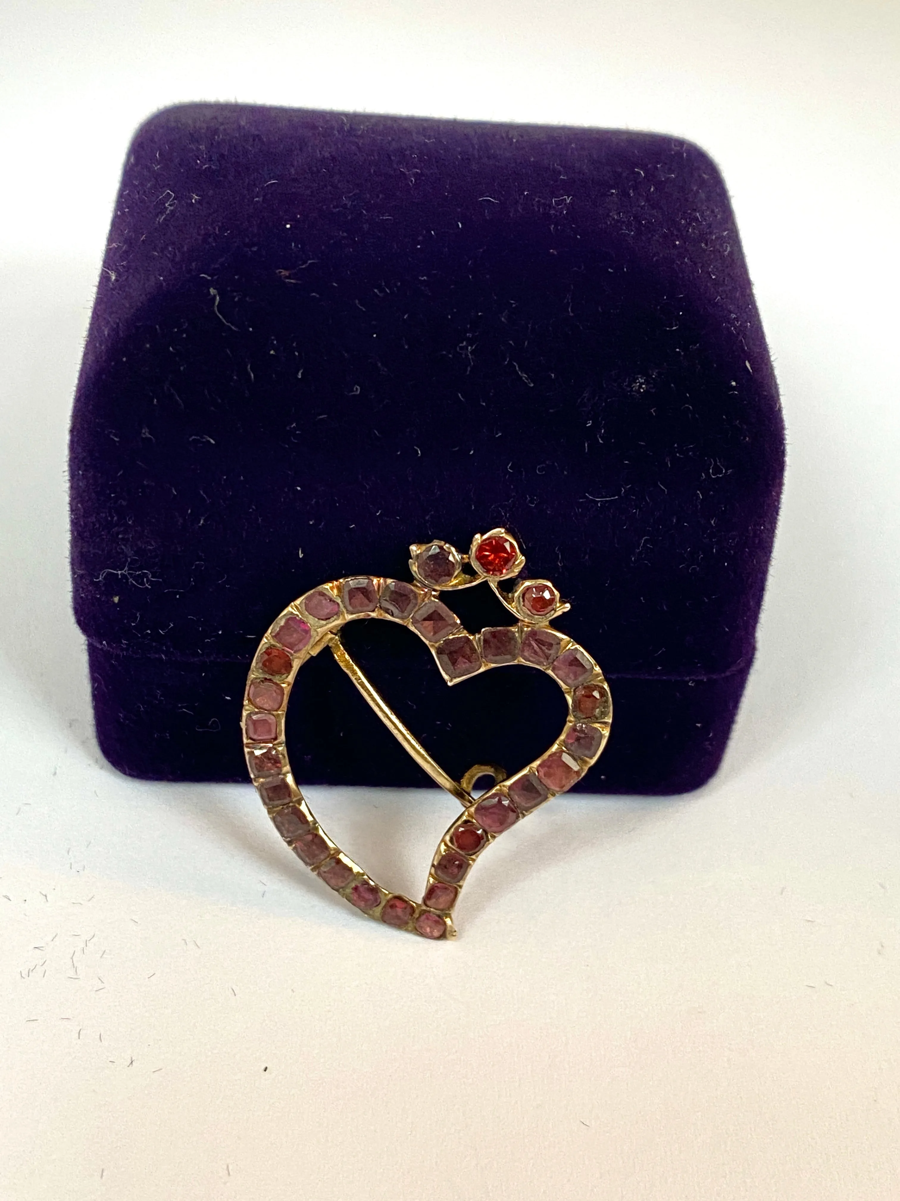 Rare, Large, Georgian 9ct Rolled Gold, Flat Cut Garnet Witches Heart Brooch