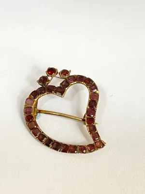 Rare, Large, Georgian 9ct Rolled Gold, Flat Cut Garnet Witches Heart Brooch