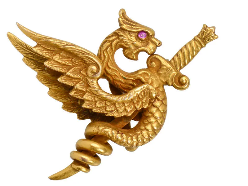 Riker Bros. Dragon Griffin Gold Brooch