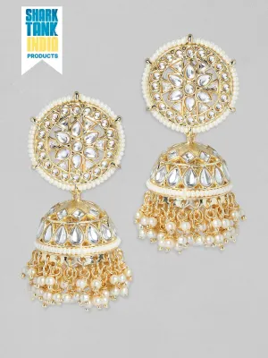 Rubans Gold Plated Handcrafted Kundan & White Perals Jhumka Earrings