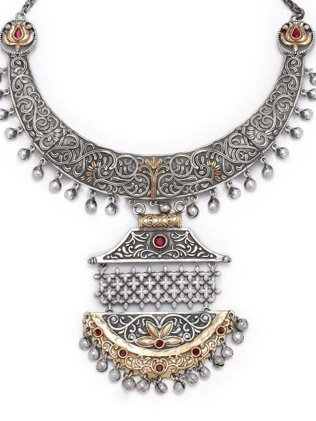 Rubans Silver & Gold Handcrafted Dual Tone Contemporary Statement Necklace