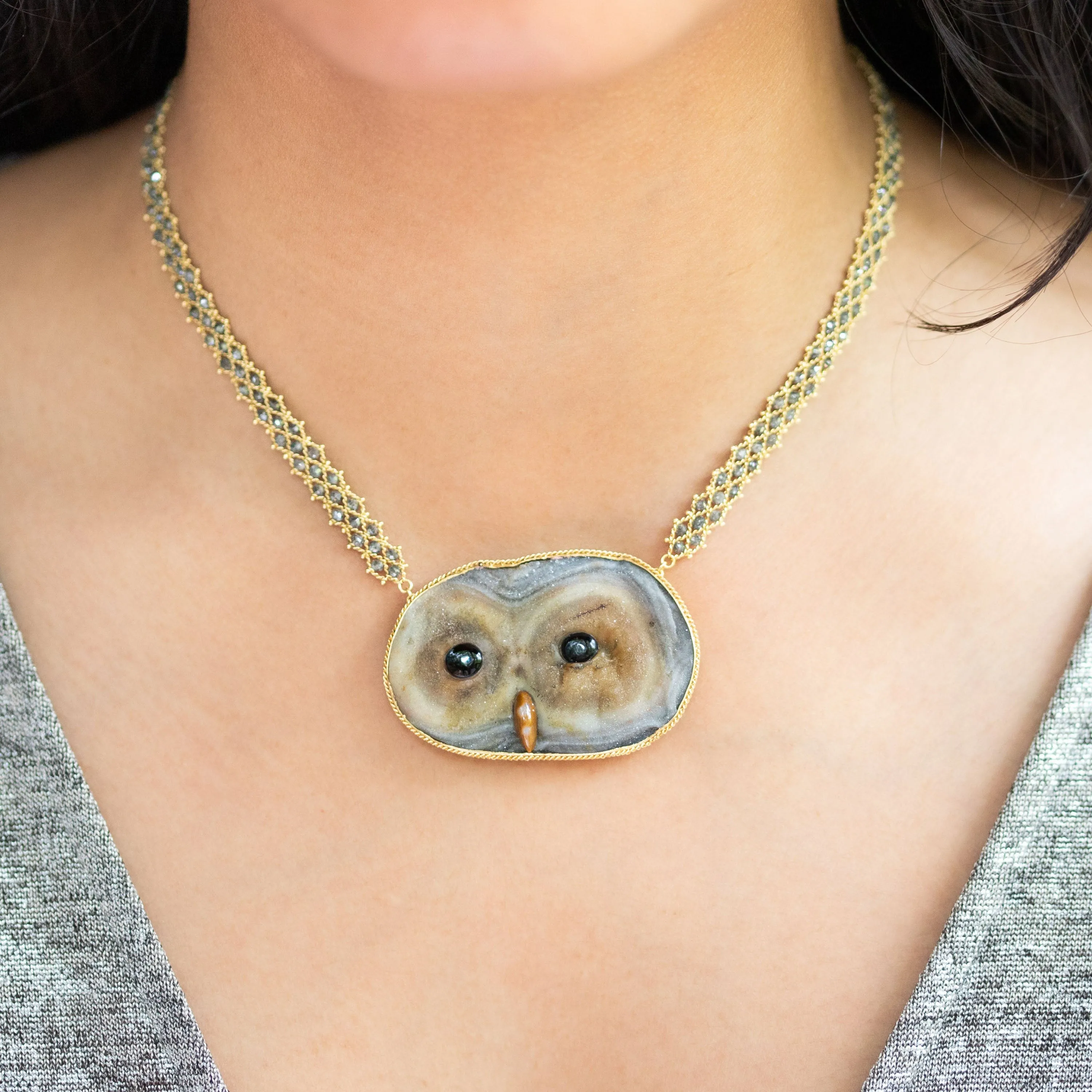 Sand Rose, Mother of Pearl, Onyx, Grey Diamond 18k One-of-a-Kind Owl Necklace