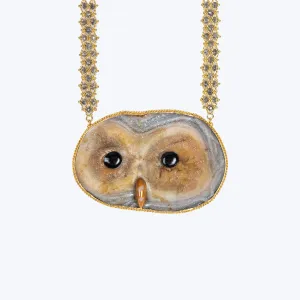 Sand Rose, Mother of Pearl, Onyx, Grey Diamond 18k One-of-a-Kind Owl Necklace