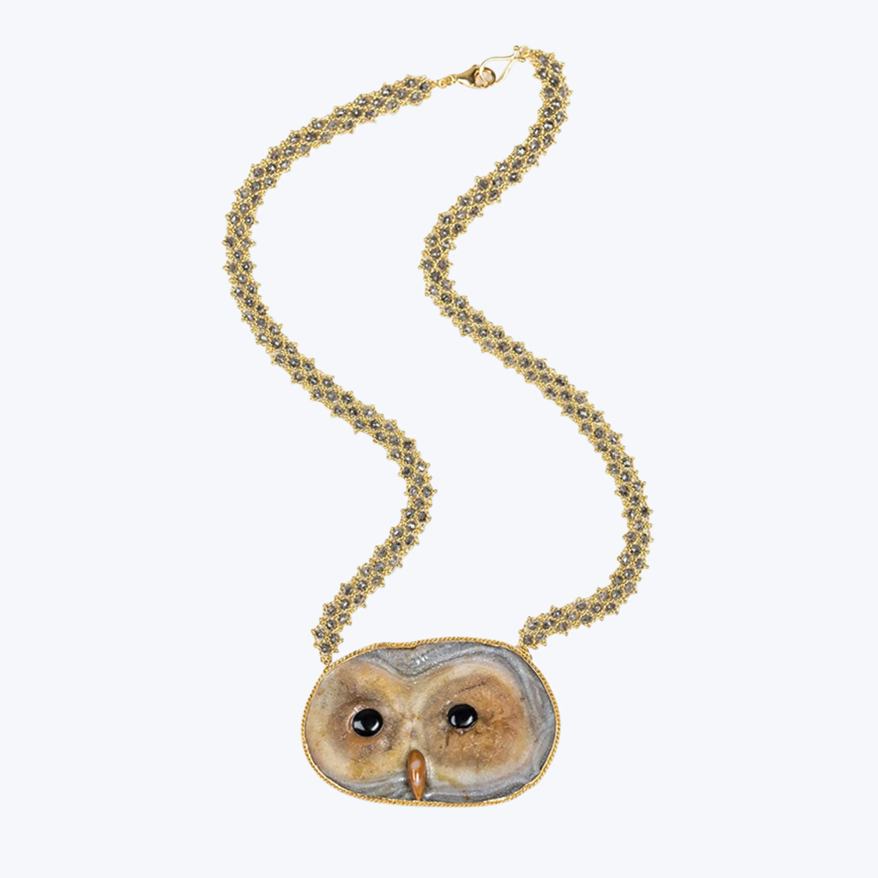 Sand Rose, Mother of Pearl, Onyx, Grey Diamond 18k One-of-a-Kind Owl Necklace