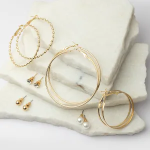 Set of 6 Gold Tonned Pearl & Diamante Stud & Hoop Earrings