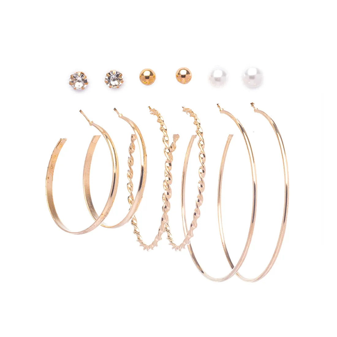 Set of 6 Gold Tonned Pearl & Diamante Stud & Hoop Earrings