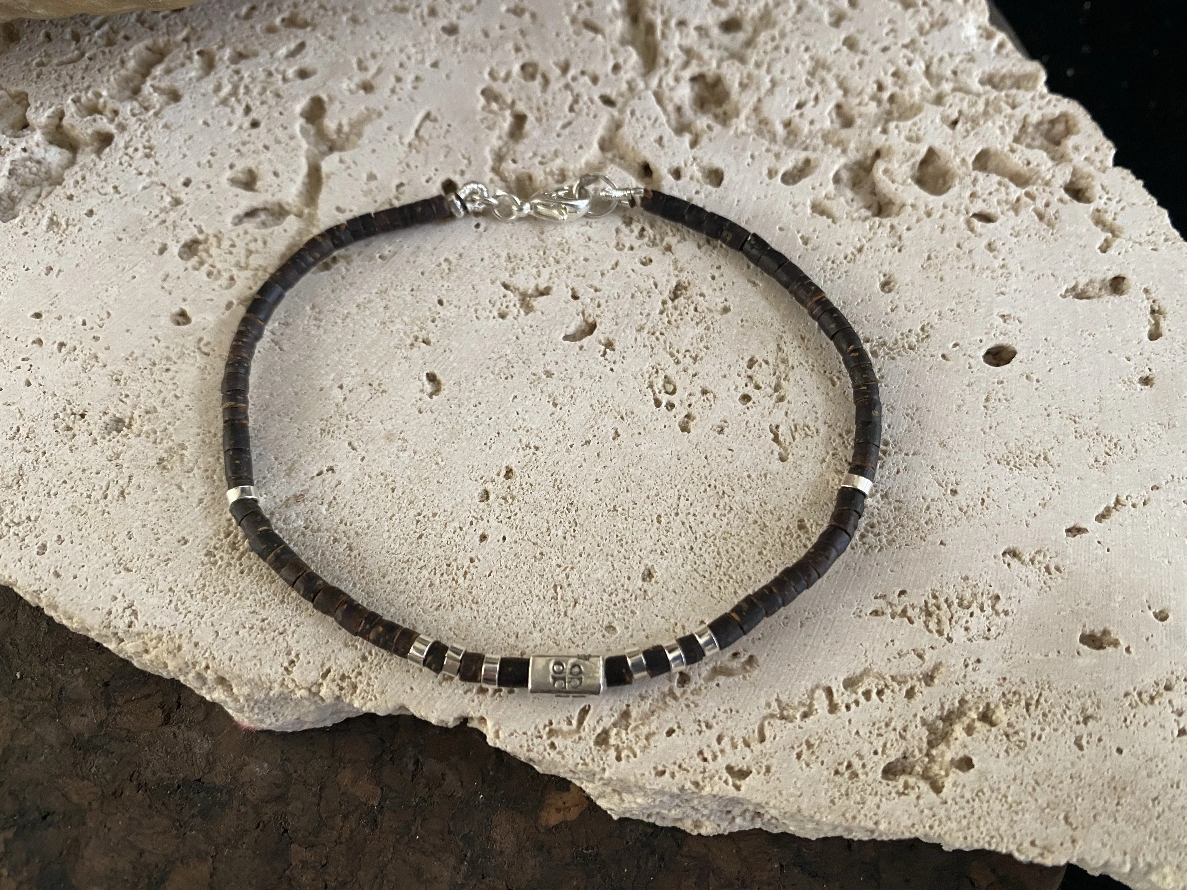 Silver and Coconut Wood Bracelet - Square Bead