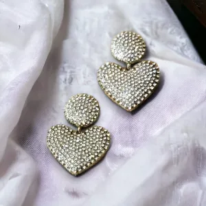 Silver Glitter Button Hearts Drop Earrings