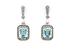 Silver Marcasite Blue Topaz Earrings Square Crystal