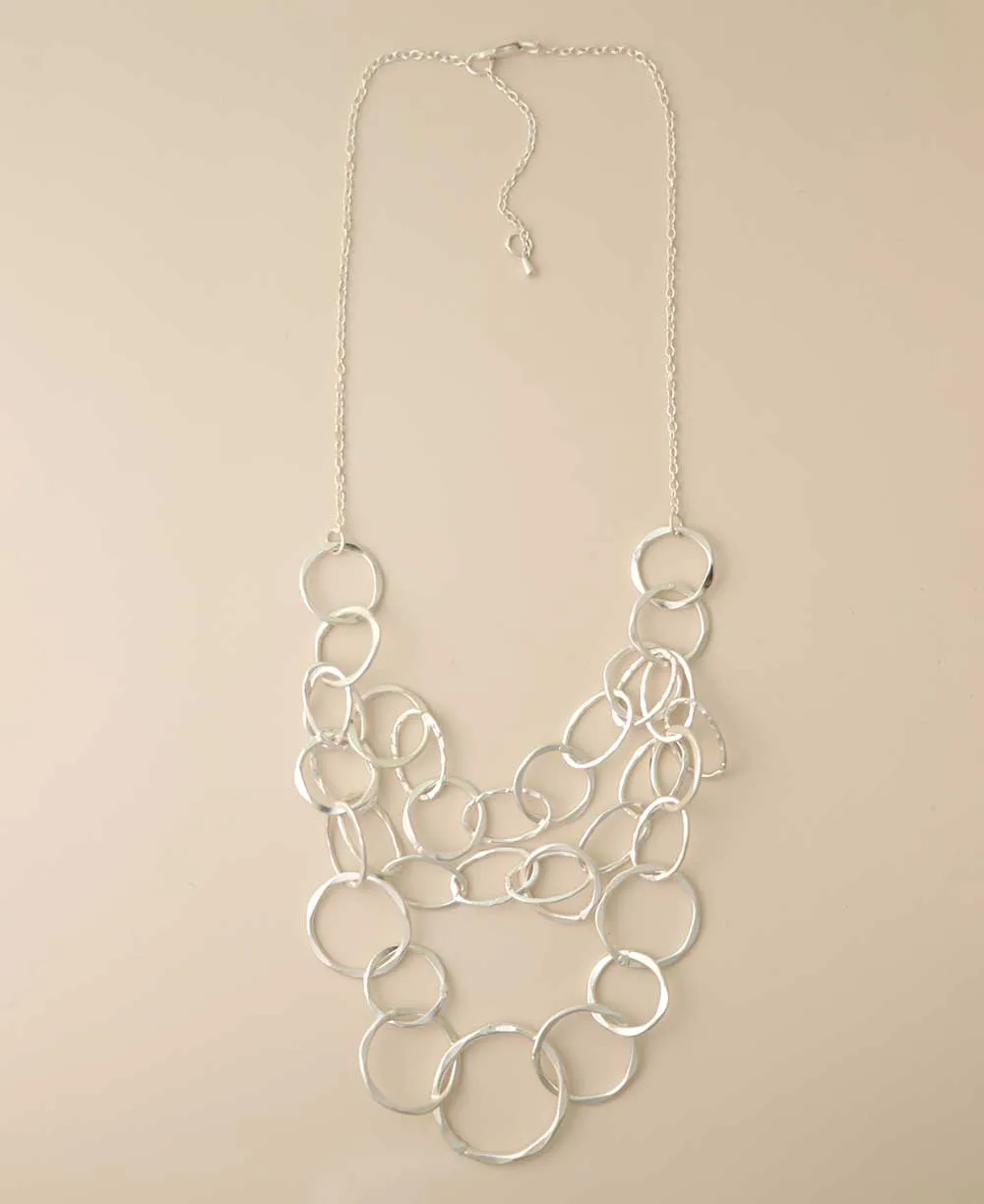 Silver-Plated Multi-Layered Hammered Ring Necklace