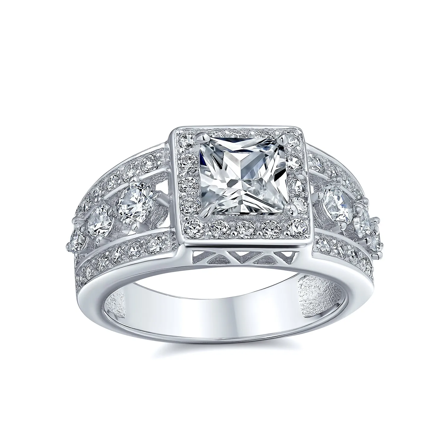 Square Cut Halo AAA CZ Art Deco Princess Engagement Ring, 3 Row Band Silver