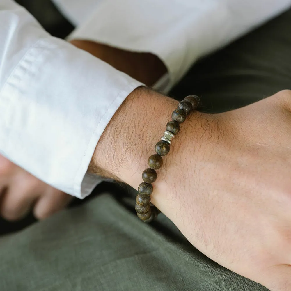 Stainless Steel & Matte Bronzite Beaded Bracelet - "Stones