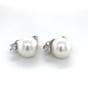 Sterling Silver Clip On Pearl & CZ Earrings