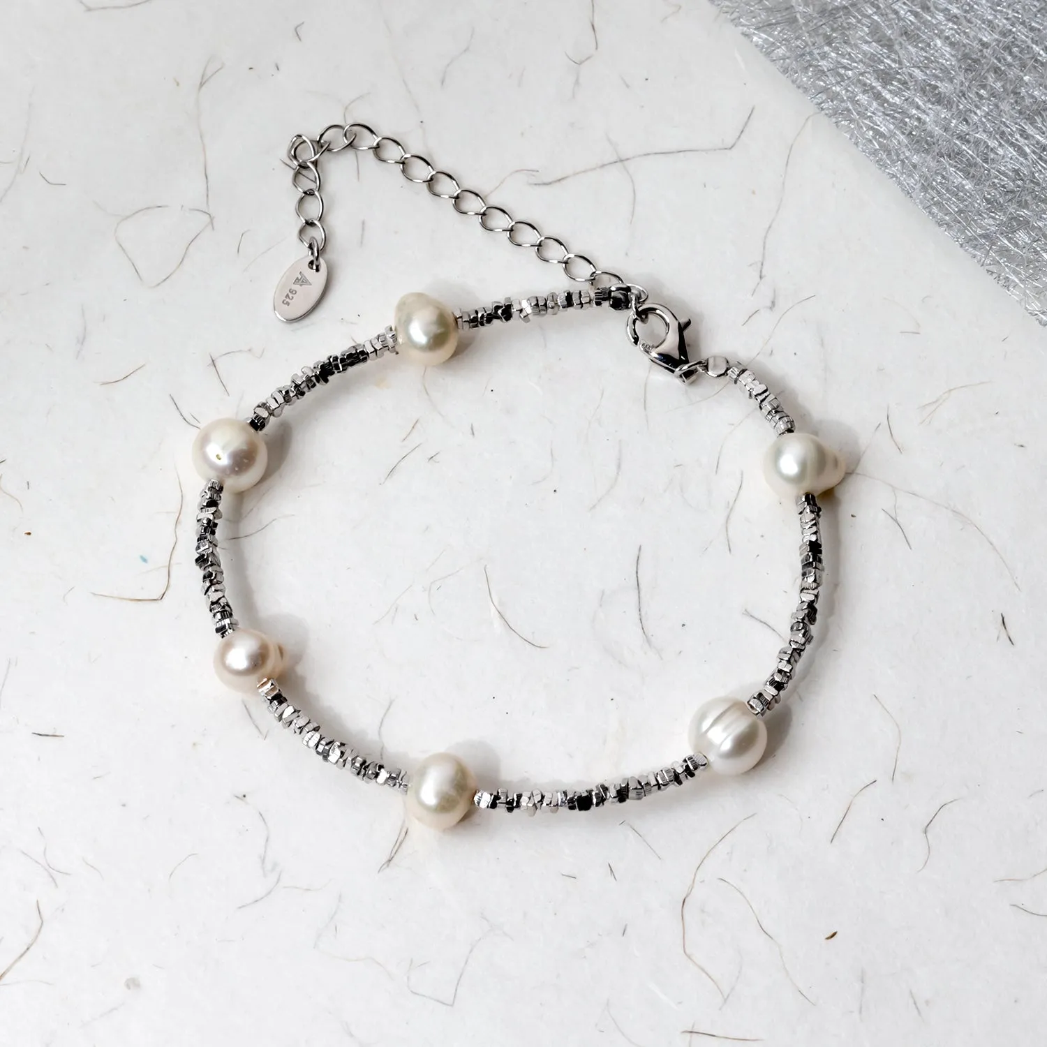 Sterling Silver Cubed Beads Bracelet with Freshwater Pearls