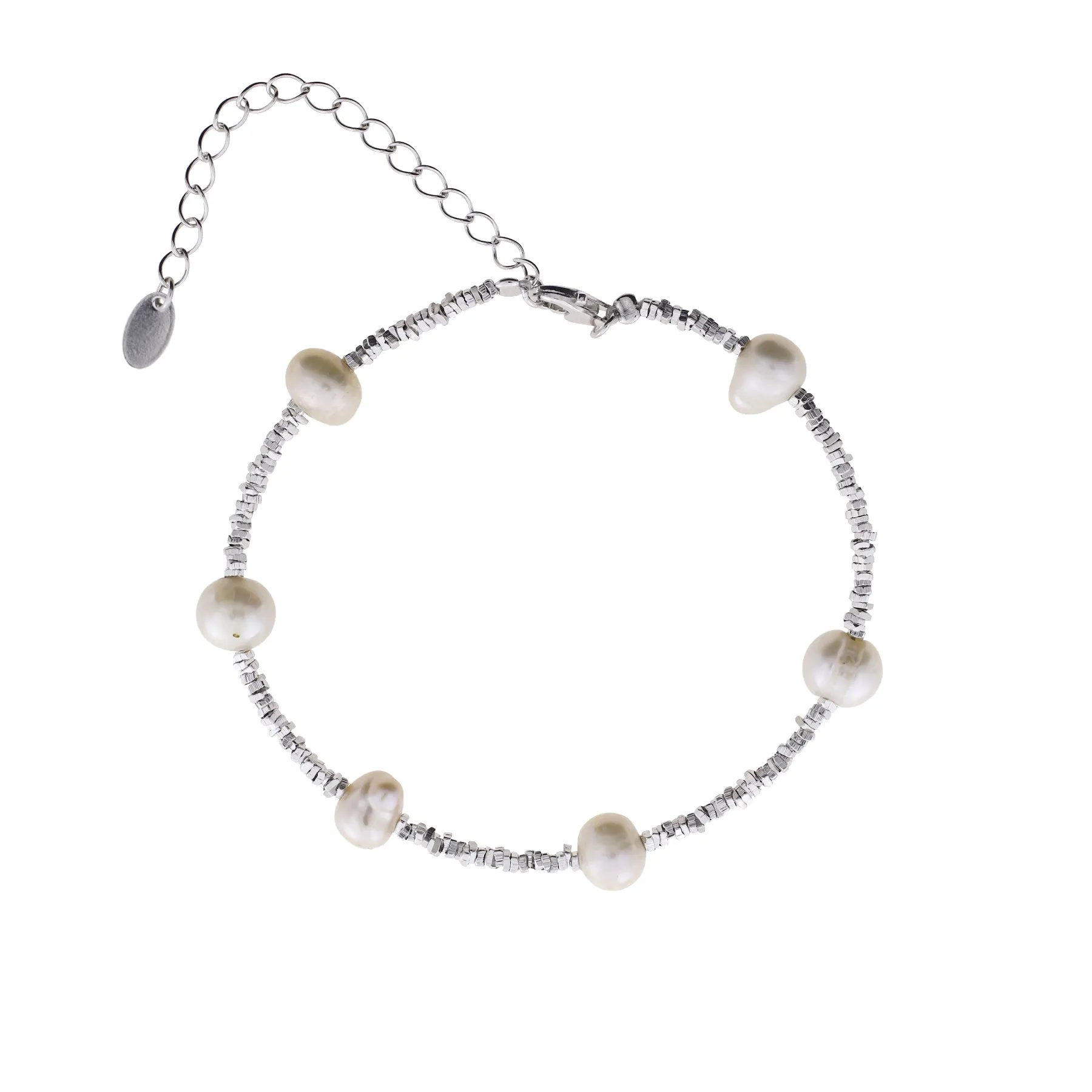 Sterling Silver Cubed Beads Bracelet with Freshwater Pearls