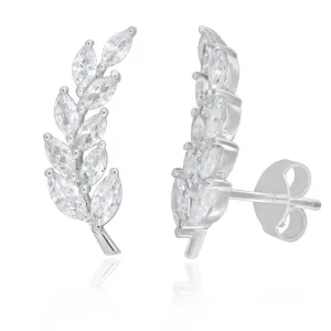 Sterling Silver Cubic Zirconia Fancy Leaf Ear Curve Stud Earrings