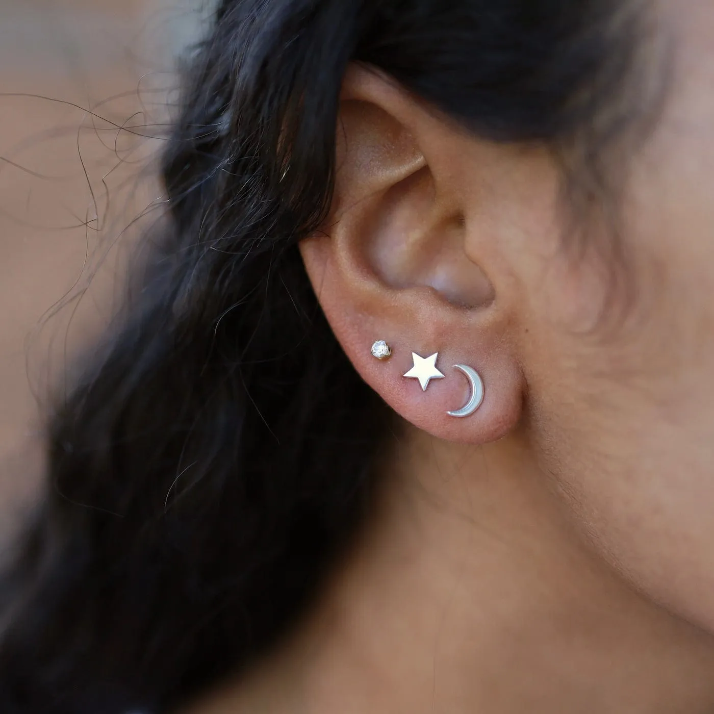 Sterling Silver Flat Moon and Star Studs