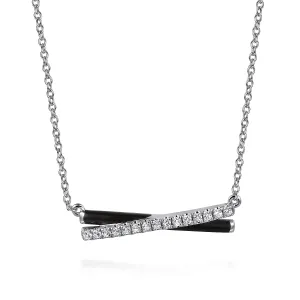 Sterling Silver White Sapphire and Black Enamel Criss Cross Bar Necklace 17.5 inch