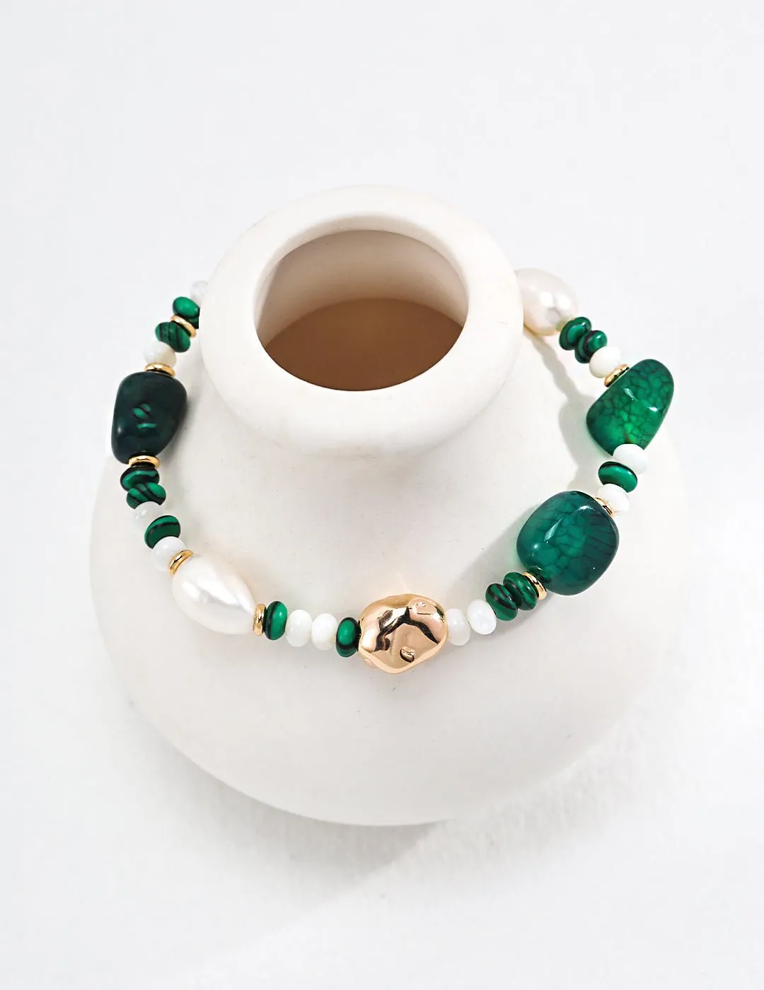 The Multielement Bracelet Featuring Malachite Pearls and Green Onyx