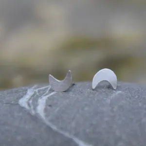 Tiny Crescent Moons Studs in Brushed Recycled Silver