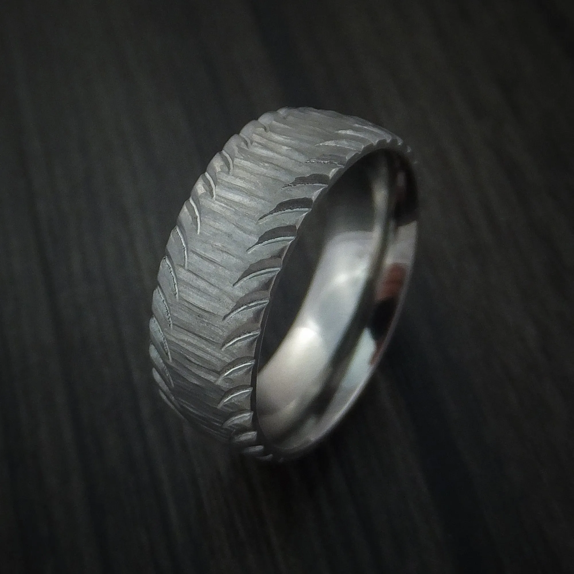 Titanium Carved Tread Design Men's Ring Bold Unique Band Custom Made