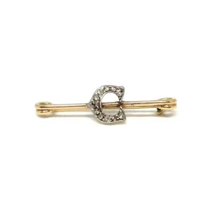 Victorian Antique Diamond 'C' Yellow Gold Brooch