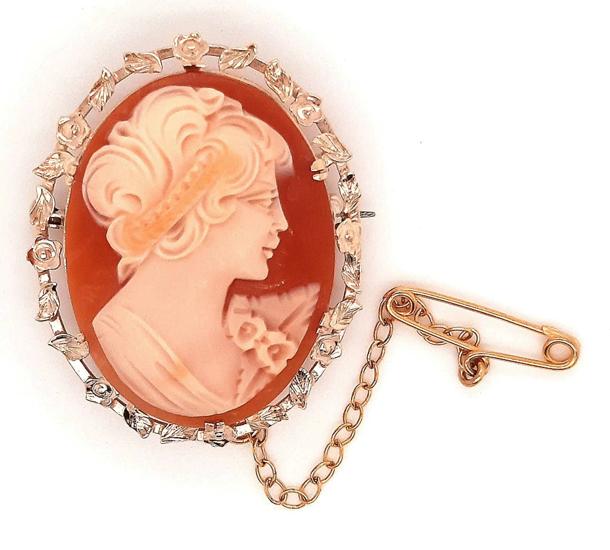 Vintage Cameo Brooch with Yellow Gold Leaf & Floral Surround