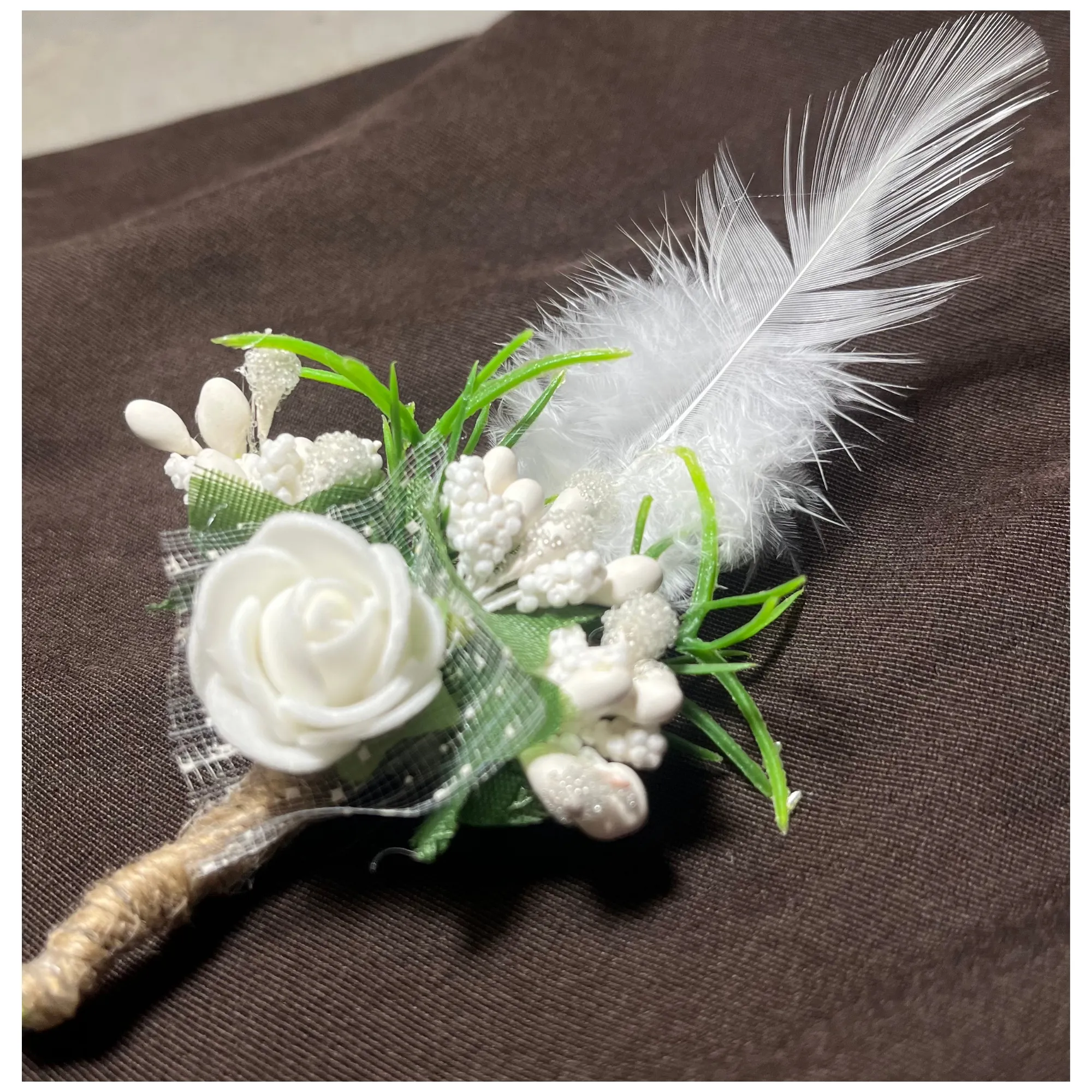 White Faux Feather Flower Brooch